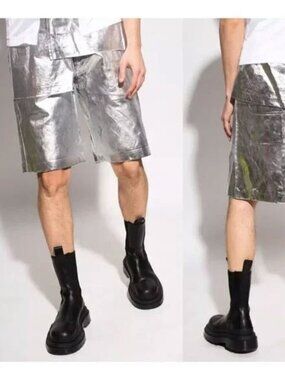 Comme Des Garçons Homme Plus Distressed Silver Foil Shorts M